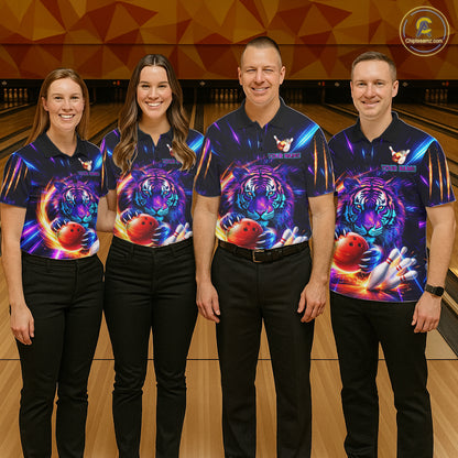 Custom Neon Blue And Purple Tiger Bowling Shirt For Men, Bowling Team Jersey Polo & 1/4 Zip Shirt TDM6241