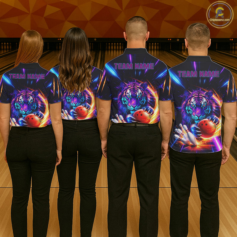 Custom Neon Blue And Purple Tiger Bowling Shirt For Men, Bowling Team Jersey Polo & 1/4 Zip Shirt TDM6241