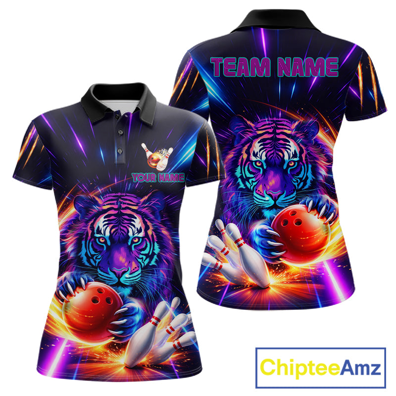 Custom Neon Blue And Purple Tiger Bowling Shirt For Women, Bowling Team Jersey Polo & 1/4 Zip Shirt TDM6241