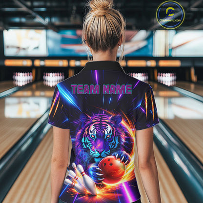 Custom Neon Blue And Purple Tiger Bowling Shirt For Women, Bowling Team Jersey Polo & 1/4 Zip Shirt TDM6241