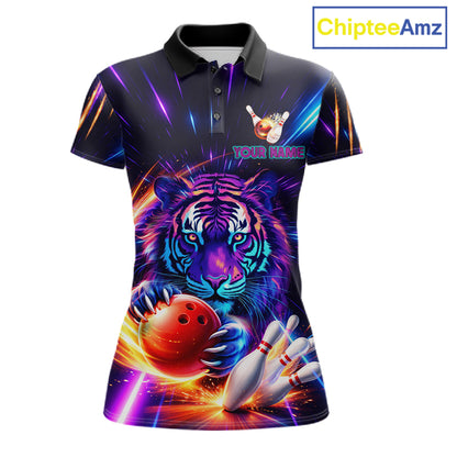 Custom Neon Blue And Purple Tiger Bowling Shirt For Women, Bowling Team Jersey Polo & 1/4 Zip Shirt TDM6241