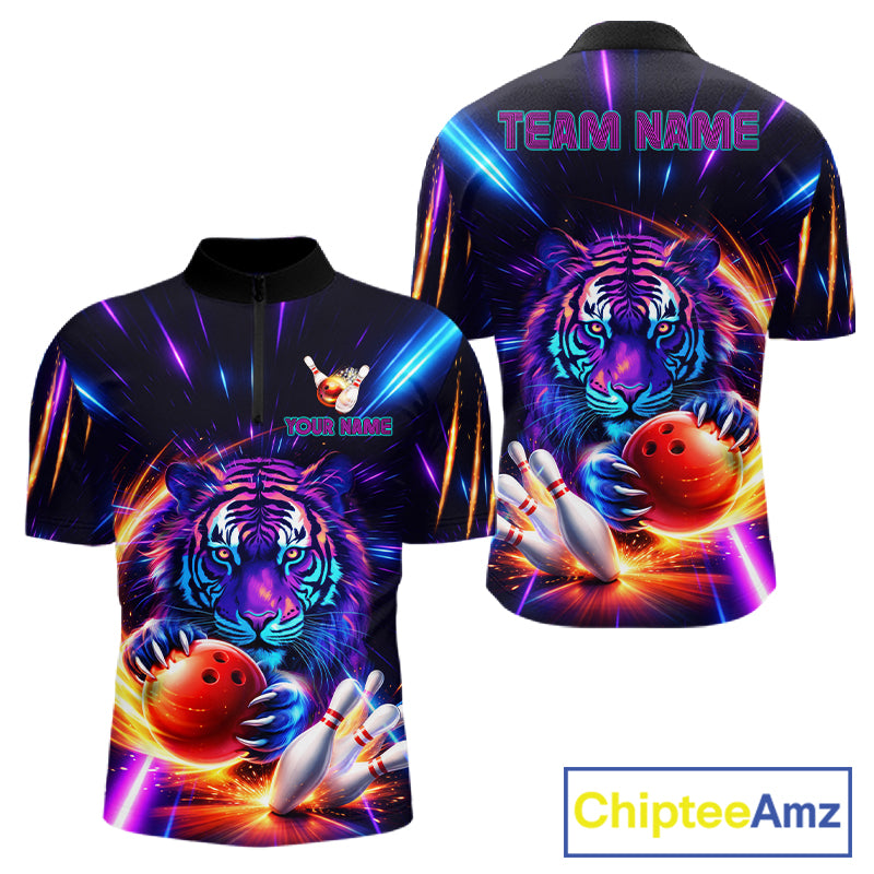 Custom Neon Blue And Purple Tiger Bowling Shirt For Men, Bowling Team Jersey Polo & 1/4 Zip Shirt TDM6241