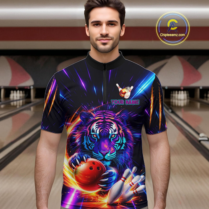 Custom Neon Blue And Purple Tiger Bowling Shirt For Men, Bowling Team Jersey Polo & 1/4 Zip Shirt TDM6241
