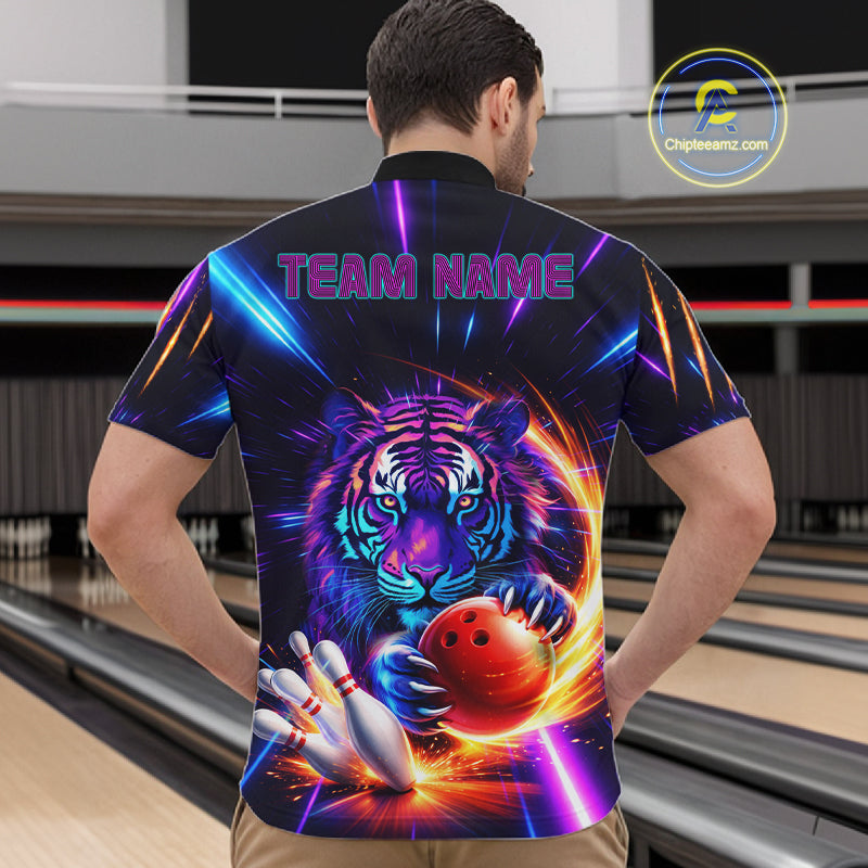 Custom Neon Blue And Purple Tiger Bowling Shirt For Men, Bowling Team Jersey Polo & 1/4 Zip Shirt TDM6241