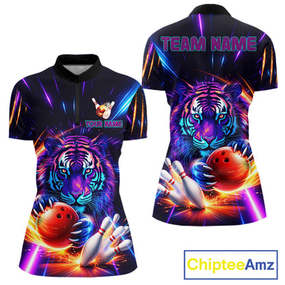 Custom Neon Blue And Purple Tiger Bowling Shirt For Women, Bowling Team Jersey Polo & 1/4 Zip Shirt TDM6241
