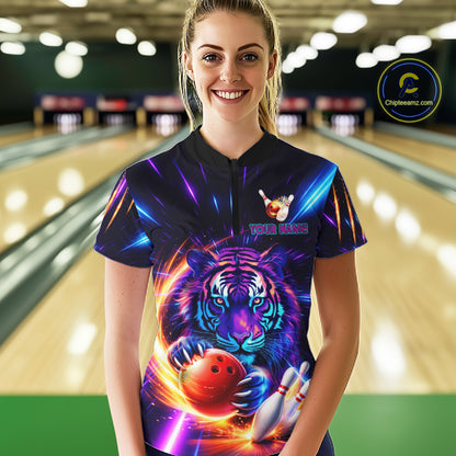 Custom Neon Blue And Purple Tiger Bowling Shirt For Women, Bowling Team Jersey Polo & 1/4 Zip Shirt TDM6241