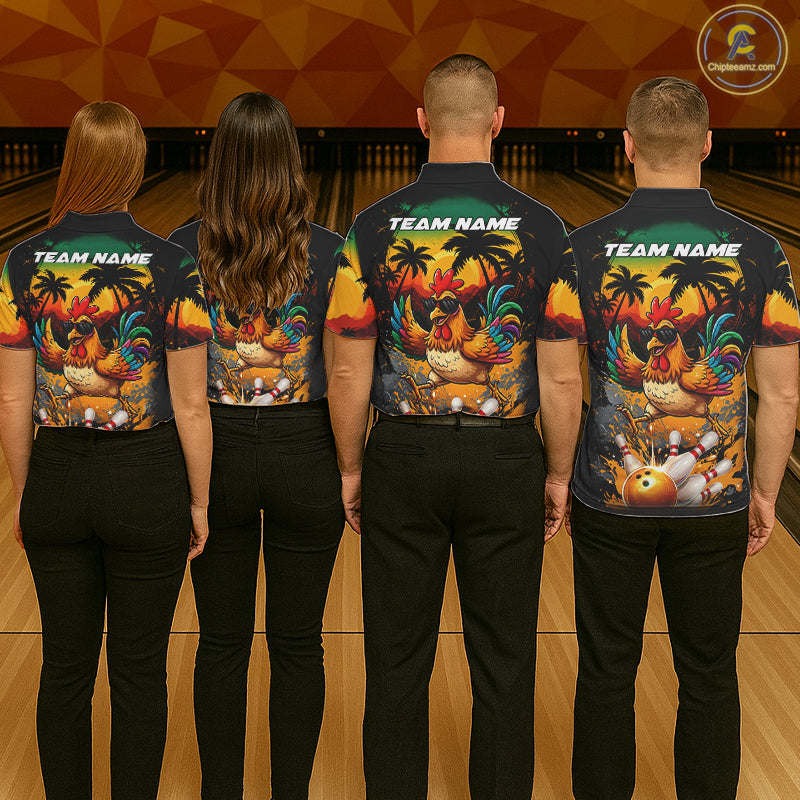 Funny Chicken Sunset Tropical Bowling Jersey For Women Custom Bowling Team Shirts Polo & 1/4 Zip TDM6458