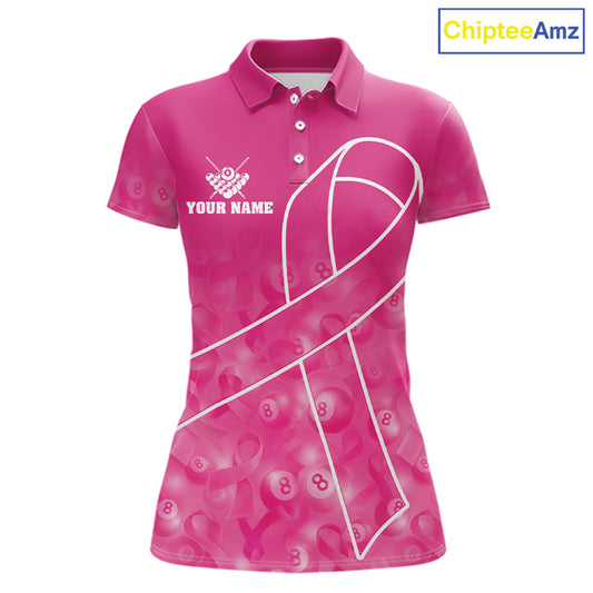 Pink ribbon 8 ball billiard polo shirt for women with breast cancer awareness themed league graphics.