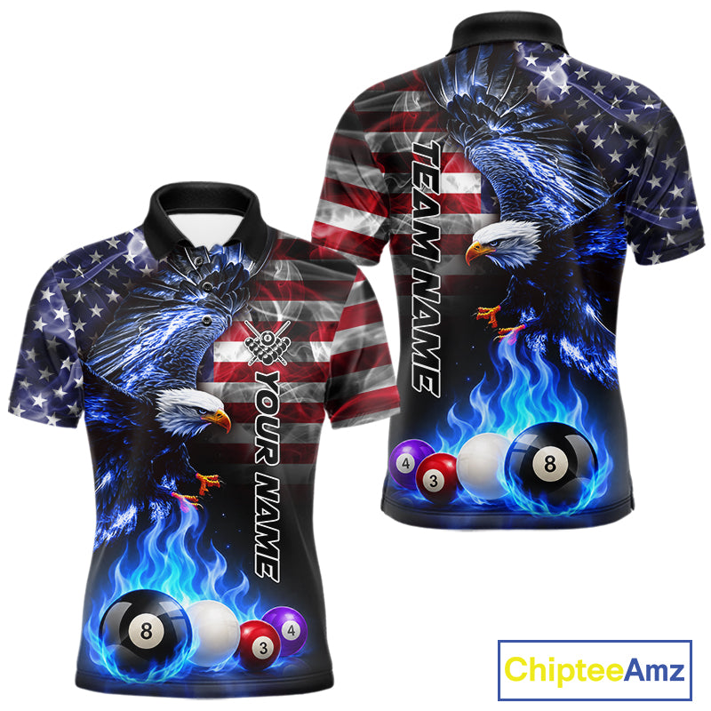 Blue flame pool shirt for men with eagle and flag design built for custom team uniforms.