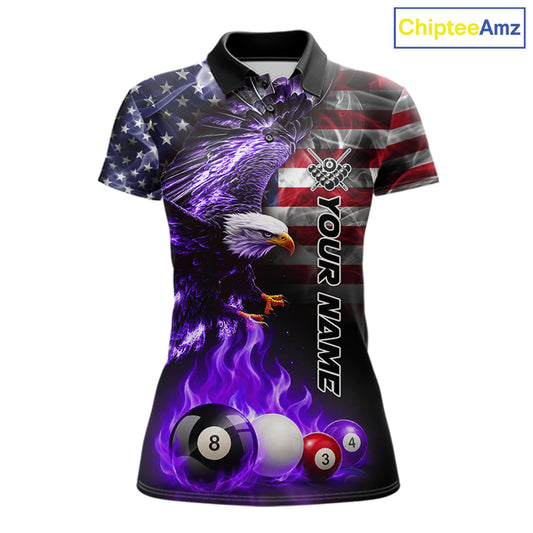 Purple flame American flag eagle billiard polo shirt for women with bold patriotic league graphics.