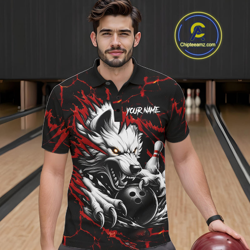 Man wearing black and red custom wolf bowling team jersey polo shirt featuring wolf artwork, front view.