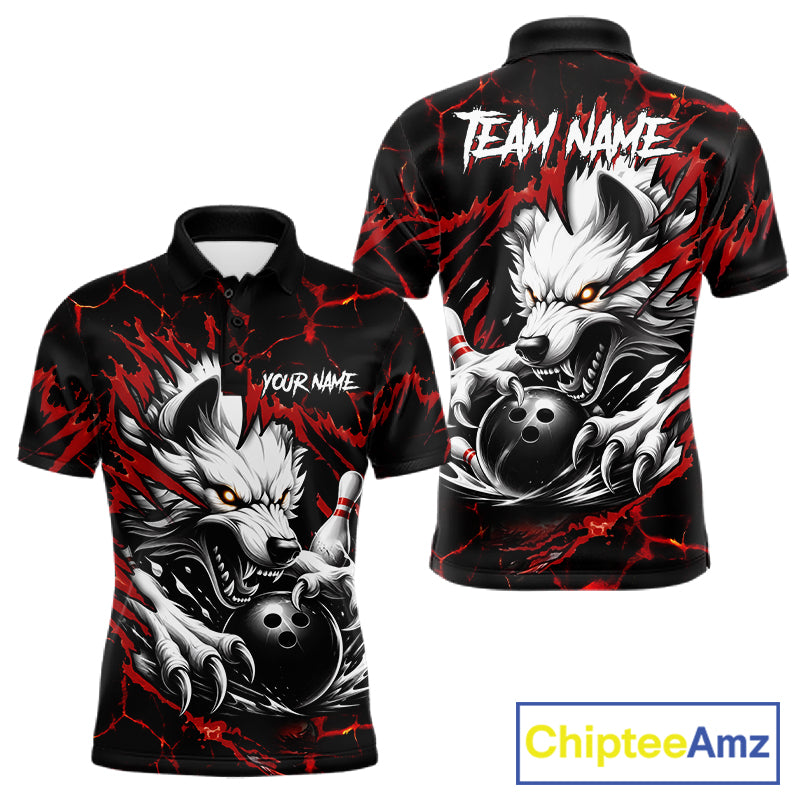 Black and red custom wolf bowling team jersey polo shirt for men featuring a fierce wolf design, premium personalized bowling league apparel for tournaments and team play.