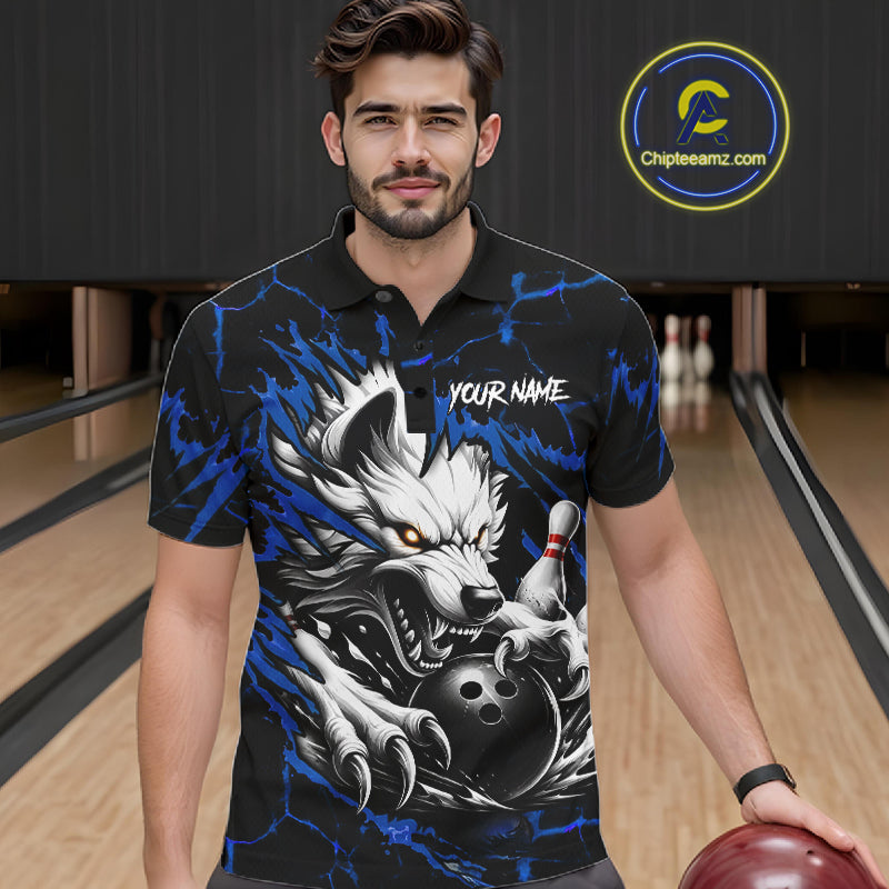 Man wearing black and blue custom wolf bowling team jersey polo shirt featuring wolf artwork, front view.