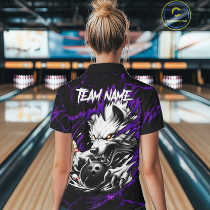 Woman wearing black and purple custom wolf bowling team jersey polo shirt featuring wolf artwork, back view.