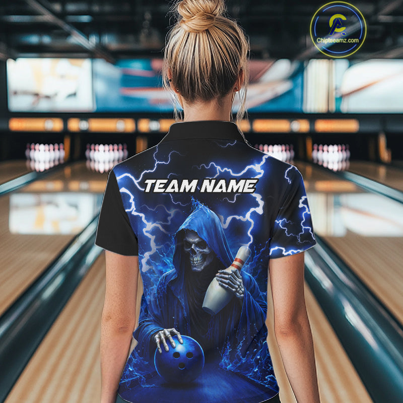 Blue Grim Reaper Bowling Shirt For Women Custom Lightning Team League Bowling Jersey Polo & 1/4 Zip TDM5854