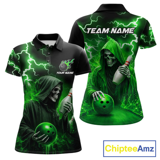 Green Grim Reaper Bowling Shirt For Women Custom Lightning Team League Bowling Jersey Polo, 1/4 Zip TDM5855