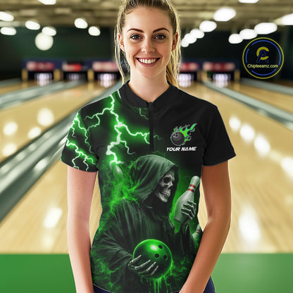 Green Grim Reaper Bowling Shirt For Women Custom Lightning Team League Bowling Jersey Polo, 1/4 Zip TDM5855