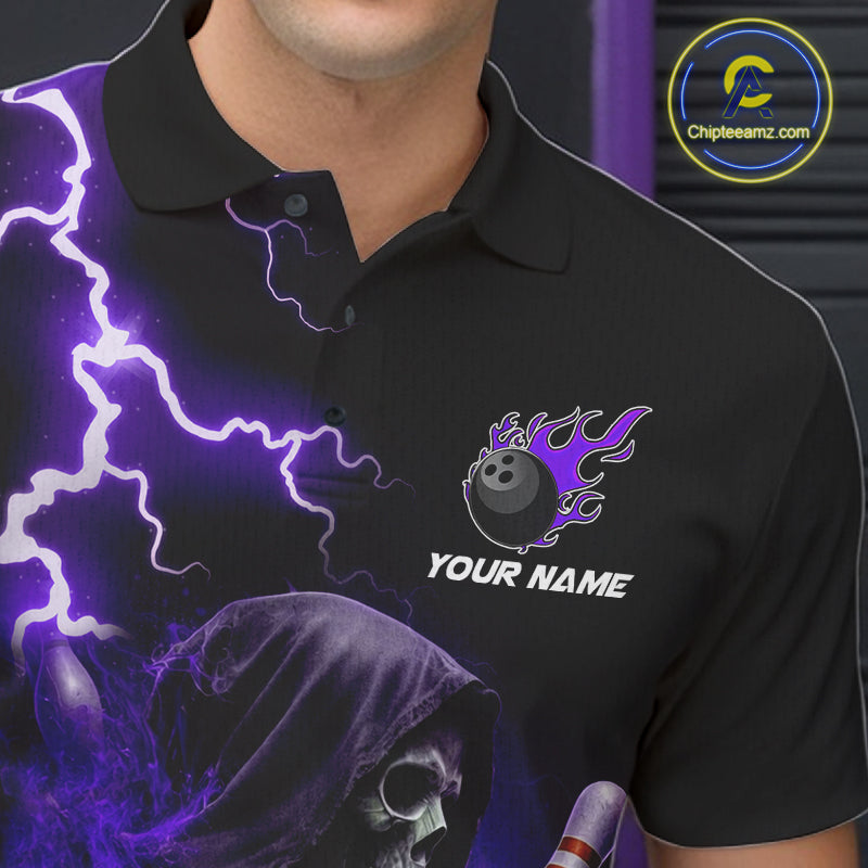 Purple Grim Reaper Bowling Shirt For Men Custom Lightning Team League Bowling Jersey Polo, 1/4 Zip TDM5856
