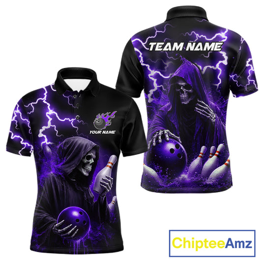 Purple Grim Reaper Bowling Shirt For Men Custom Lightning Bowling Jersey Team Polo & 1/4 Zip TDM5857