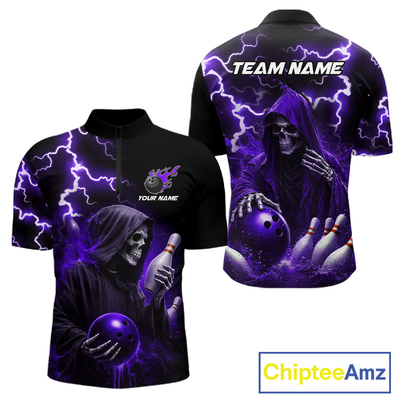 Purple Grim Reaper Bowling Shirt For Men Custom Lightning Bowling Jersey Team Polo & 1/4 Zip TDM5857