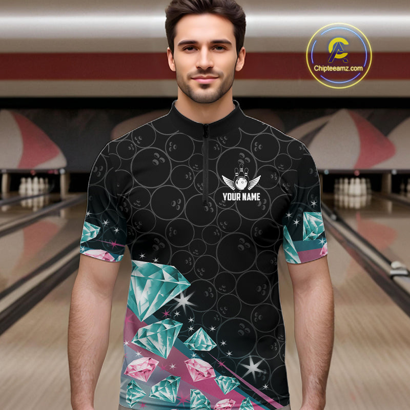 Funny Pink And Turquoise Diamonds Bowling Shirt For Men Custom Bowling Team Jersey TDM5860