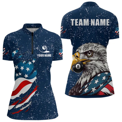 Blue Navy Grunge Eagle American Flag Custom Billiard Shirts For Women, Patriotic Billiard Team Shirts TDM3681