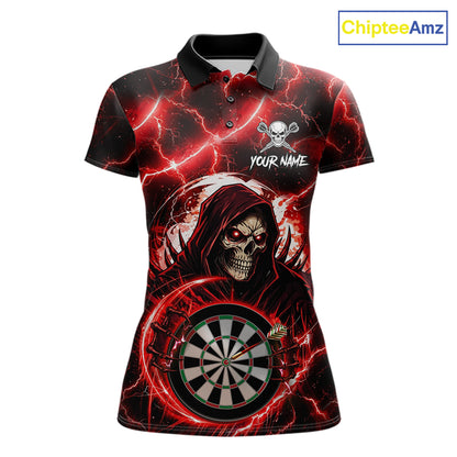 Red Grim Reaper Skull Thunder Lightning Darts Shirt For Women Custom Darts Jersey Team Polo & 1/4 Zip TDM6467