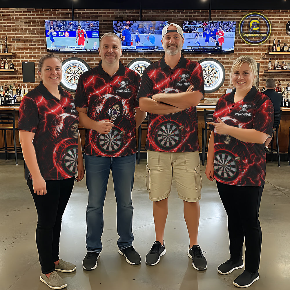 Red Grim Reaper Skull Thunder Lightning Darts Shirt For Men Custom Darts Jersey Team Polo & 1/4 Zip TDM6467