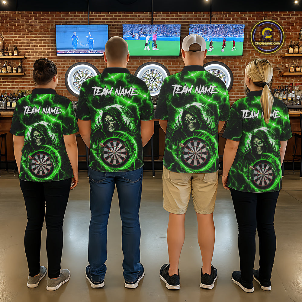 Green Grim Reaper Skull Thunder Lightning Darts Shirt For Men Custom Darts Jersey Polo & 1/4 Zip TDM6469