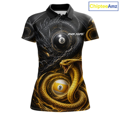 8 ball 9 ball cobra snake and dragon billiard polo shirt for women with custom pool team graphics.