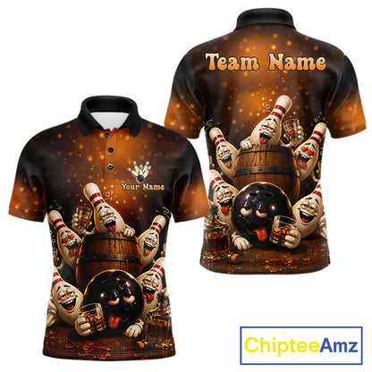Funny drunk bowling pins bourbon vintage bowling team jersey polo shirt for men featuring hilarious bourbon bottles and drunk bowling pins artwork, premium custom bowling league apparel.