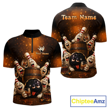Funny drunk bowling pins bourbon vintage bowling team jersey quarter zip shirt for men featuring bourbon and drunk bowling pins artwork, premium custom bowling apparel.