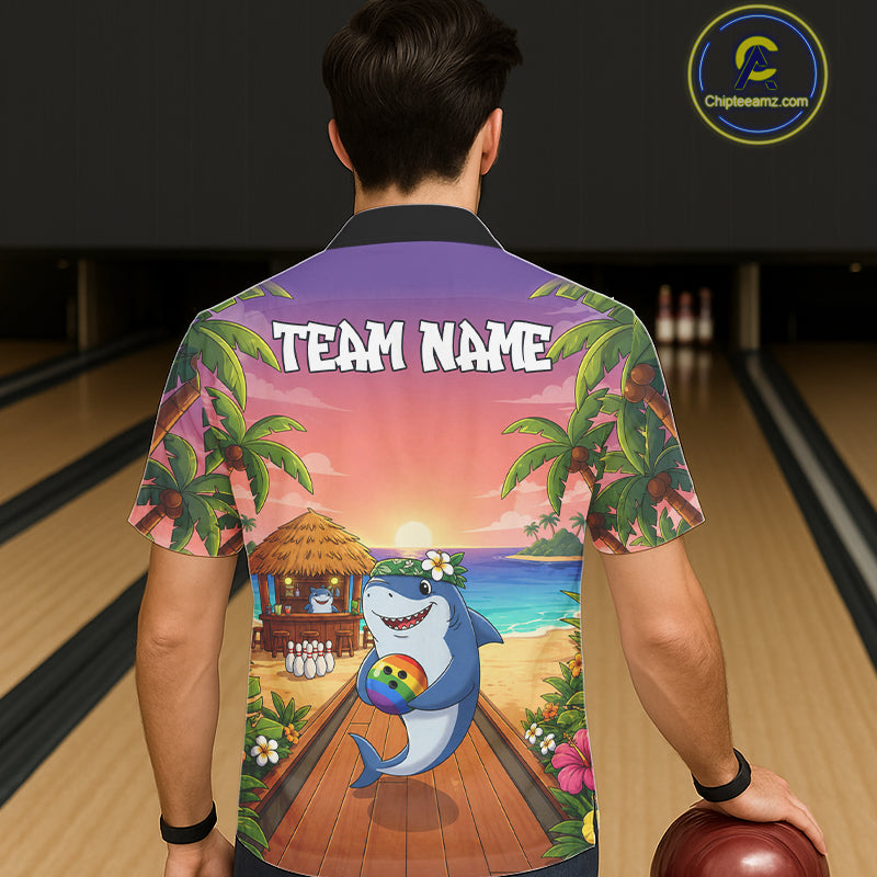 Funny Shark Sunset Tropical Hawaiian Bowling Shirts For Men Women Custom Bowling Team Jersey TDM6472