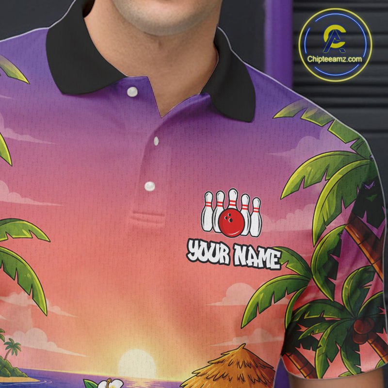 Funny Shark Sunset Tropical Bowling Shirts For Men Custom Bowling Polo & 1/4 Zip, Bowling Gifts TDM6472