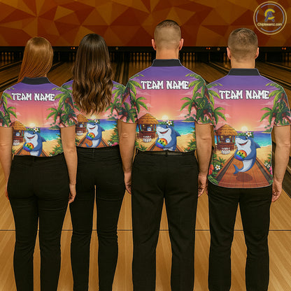 Funny Shark Sunset Tropical Bowling Shirts For Men Custom Bowling Polo & 1/4 Zip, Bowling Gifts TDM6472