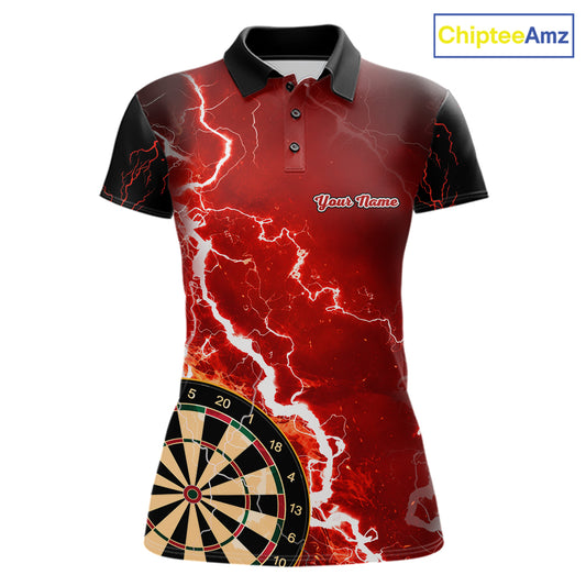 Custom red lightning darts team jersey polo shirt for women, personalized dart shirt with bold lightning graphics for darts league players.