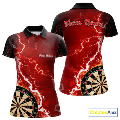 Custom red lightning darts team jersey polo shirt for women, personalized dart shirt with bold lightning graphics for darts league players.