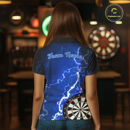 Woman wearing custom blue lightning darts polo shirt back view.