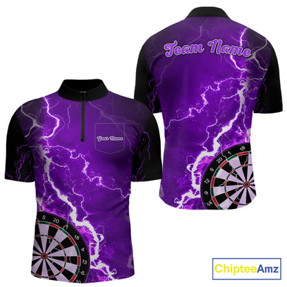 Custom purple lightning darts quarter zip shirt with left chest pocket for men, personalized darts team jersey.