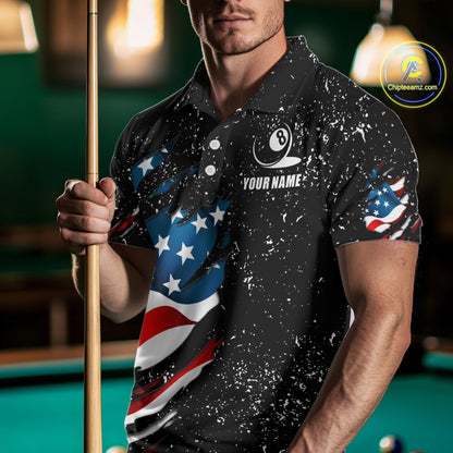 Black Grunge Eagle American Flag Custom Billiard Shirts For Men, Patriotic Billiard Team Shirts TDM2444