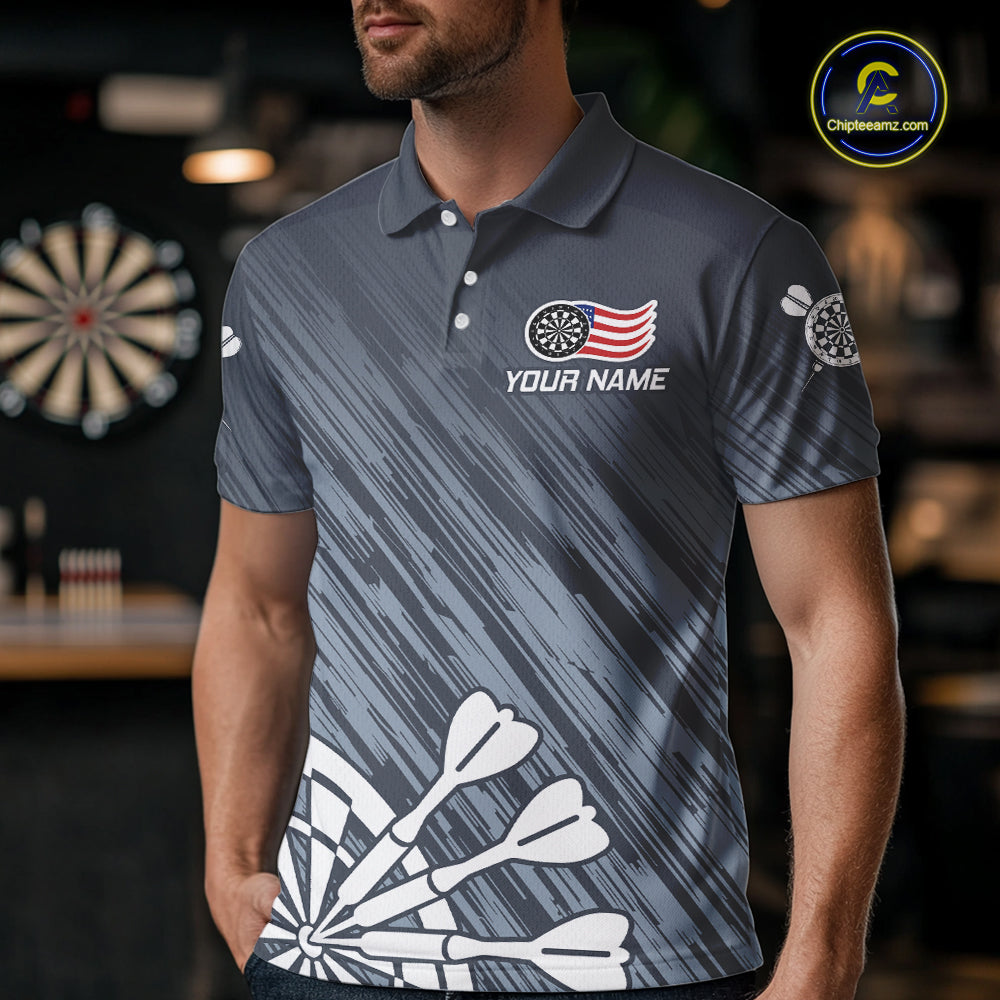 American Flag Grey Grunge Darts Shirt For Men Custom Patriotic Darts Jersey Team Polo & 1/4 Zip TDM5385