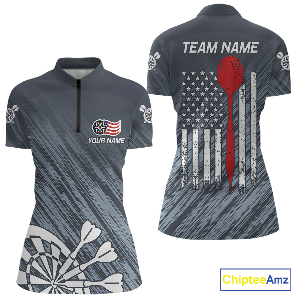 American Flag Grey Grunge Darts Shirt For Women Custom Patriotic Darts Jersey Team Polo & 1/4 Zip TDM5385