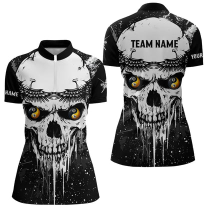 Personalized Black White Grunge Skull Ying And Yang Eyes Women Billiard Shirts, Funny Billiard Jersey TDM3166
