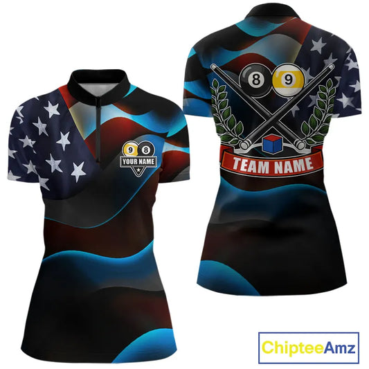 Personalized American Flag 8 Ball & 9 Ball Billiard Shirt For Women, Patriotic Pool Team Jersey TDM5657