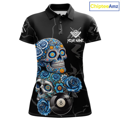 Personalized Blue 8 Ball Sugar Skull Billiard Shirt For Women, Pool Team Jersey Polo & 1/4 Zip TDM6261