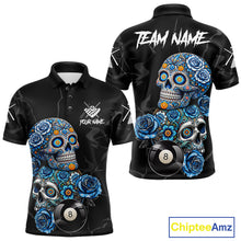 Load image into Gallery viewer, Personalized Blue 8 Ball Sugar Skull Billiard Shirt For Men, Pool Team Jersey Polo &amp; 1/4 Zip TDM6261