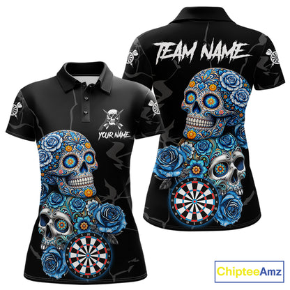 Personalized Blue Sugar Skull Darts Shirt For Women Custom Darts Jersey Team Polo & Quarter Zip TDM6263