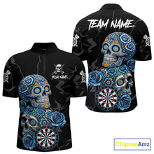 Load image into Gallery viewer, Personalized Blue Sugar Skull Darts Shirt For Men Custom Darts Jersey Team Polo &amp; Quarter Zip TDM6263