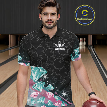 Custom Pink Turquoise Diamonds Bowling Shirt For Men, Glowing Bowling Team Jersey Polo & 1/4 Zip TDM6270