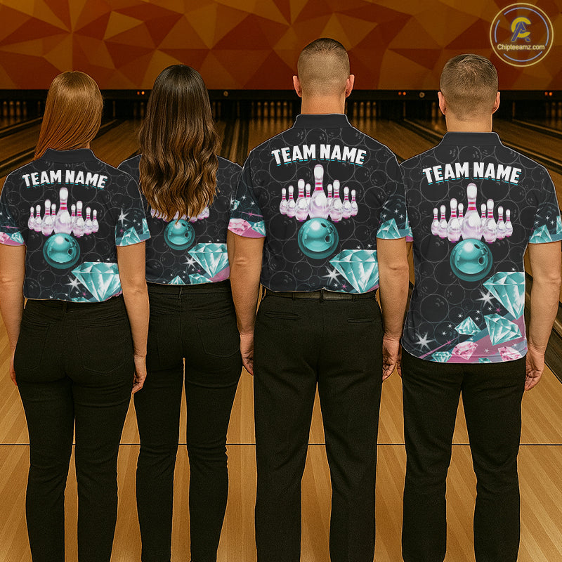 Custom Pink Turquoise Diamonds Bowling Shirt For Men, Glowing Bowling Team Jersey Polo & 1/4 Zip TDM6270